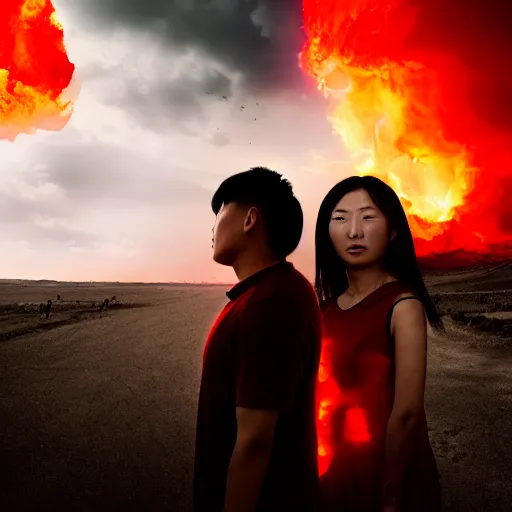 Image similar to photographic portrait, last battle on earth between a young asian woman and young man, sky in flames, apocalyptic, cinematic lighting, dark lighting, award winning, 8 k