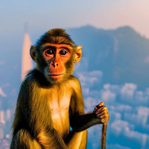 Image similar to high quality portrait of a monkey in front of Christ The Redeemer, studio photograph, photograph, realistic photo, 8k photo, 4k photo, stock photo, high resolution, cinematic shot, high detail