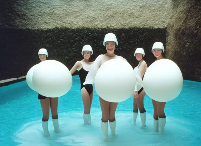 Image similar to realistic photo of a group of common medieval girls in white tights, white spherical helmets, in a big white plastic sci - fi egg - like pool with black water capsule, in a center of the wooden living room with medieval wooden walls 2 0 0 0, life magazine photo,