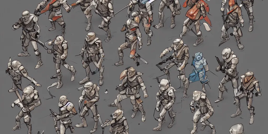 Image similar to isometric storm troopers character design, idle, rpg, fire emblem, colored, sprite, pc game, sideview, art by moebius and greg rutkowski.