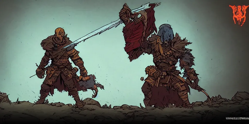 Prompt: warrior character design, idle, colored, sprite, darkest dungeon, pc game, sideview, art by moebius and greg rutkowski.