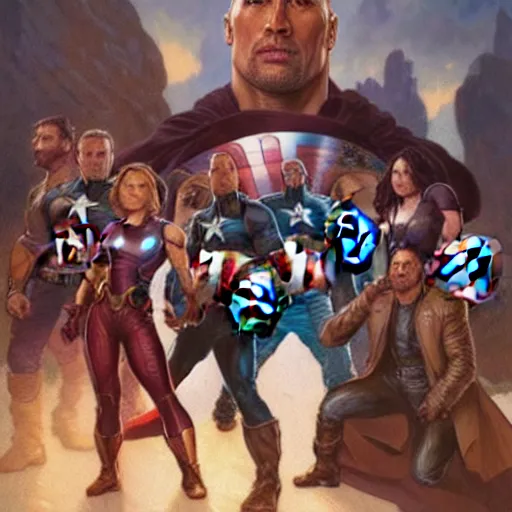 Image similar to A group photo of the Avengers but it's all Dwayne Johnson, western, D&D, fantasy, intricate, elegant, highly detailed, digital painting, artstation, concept art, matte, sharp focus, illustration, art by Artgerm and Greg Rutkowski and Alphonse Mucha