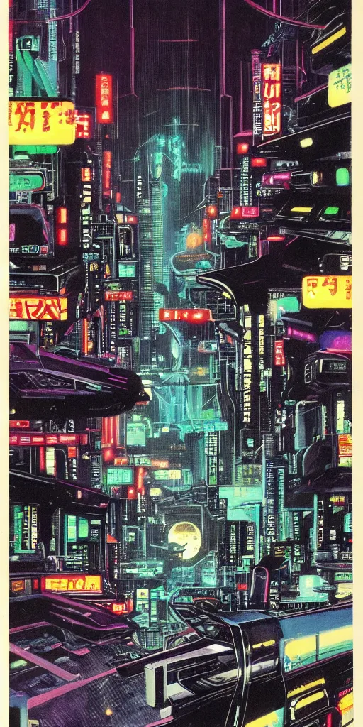 Image similar to 1979 OMNI Magazine Cover of a raven in neo-Tokyo in cyberpunk style by Vincent Di Fate