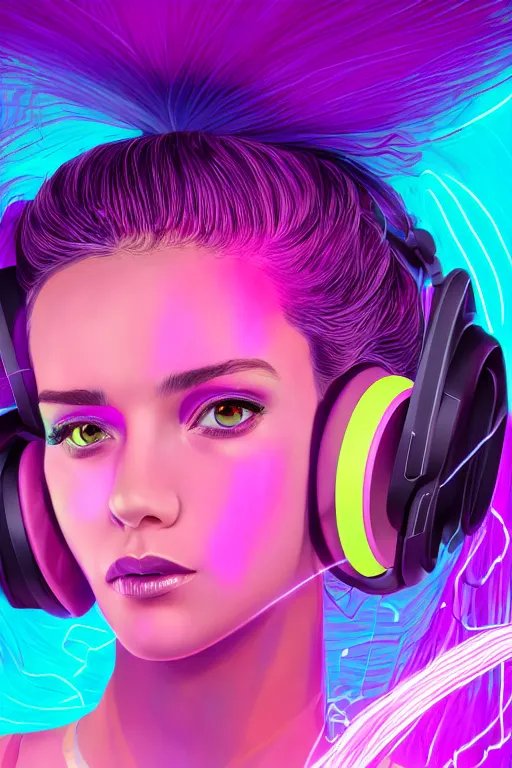 Image similar to a award winning half body portrait of a beautiful woman with stunning eyes in a croptop and cargo pants with ombre purple pink teal hairstyle and wearing headphones on her ears by thomas danthony, surrounded by whirling illuminated lines, outrun, vaporware, digital art, trending on artstation, highly detailed, fine detail, intricate