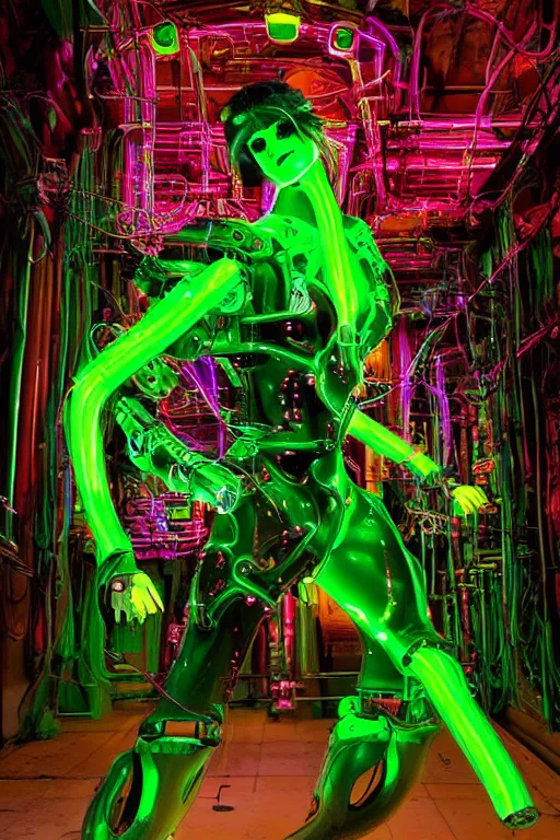 Prompt: full-body baroque and bladerunner style green neon and ceramic statue of a muscular attractive Spanish robot god humanoid wearing a see-through silk cloak sim roupa, posing like a falling model, suspended from the ceiling with thick neon cables, glowing mint face, crown of red steampunk lasers, emeralds, swirling silver silk fabric. futuristic elements. oozing glowing liquid, full-length view. space robots. human skulls. throne made of bones, intricate artwork by caravaggio. Trending on artstation, octane render, cinematic lighting from the right, hyper realism, octane render, 8k, depth of field, 3D