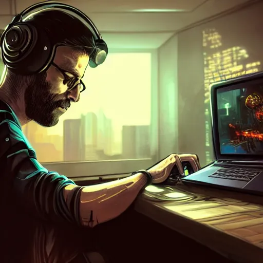 Image similar to realistic successful man typing on laptop in gaming room, artstation trends, cyberpunk concept art, highly detailed, intricate, sharp focus, digital art, 8 k