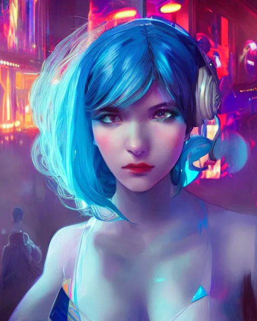 Prompt: pretty girl with blue hair, dj girl, in a club, laser lights background, sharp focus, digital painting, 8 k, concept art, art by wlop, artgerm, greg rutkowski and alphonse mucha