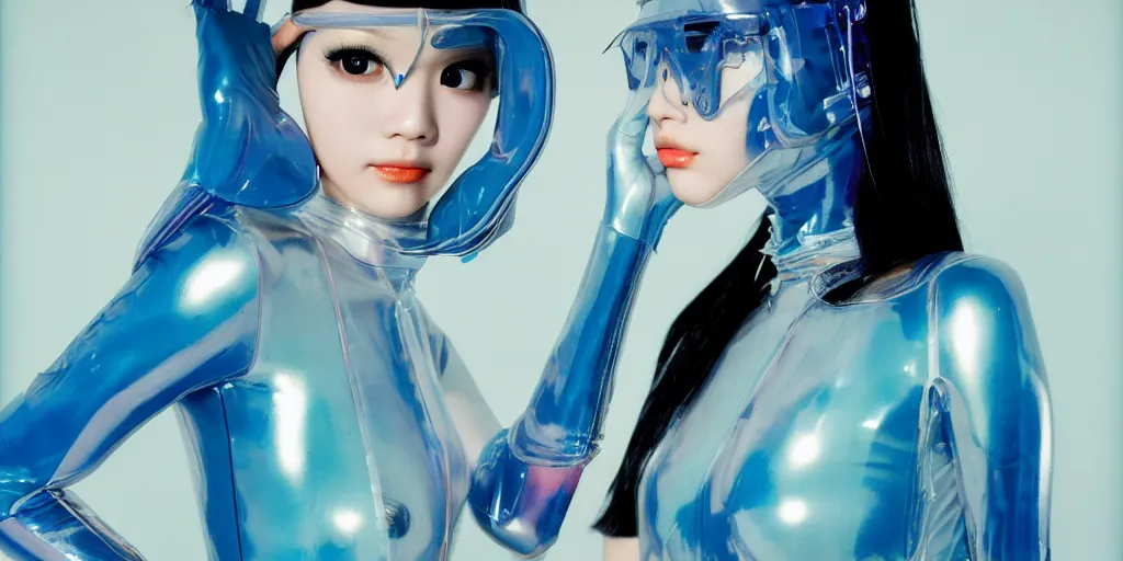 Image similar to a close - up risograph of cyberpunk japanese model girl with black eyes and pretty face wearing latex catsuit and lots of transparent and cellophane accessories, blue hour, twilight, cool, portrait, kodachrome, iso 1 2 0 0, painting by moebius