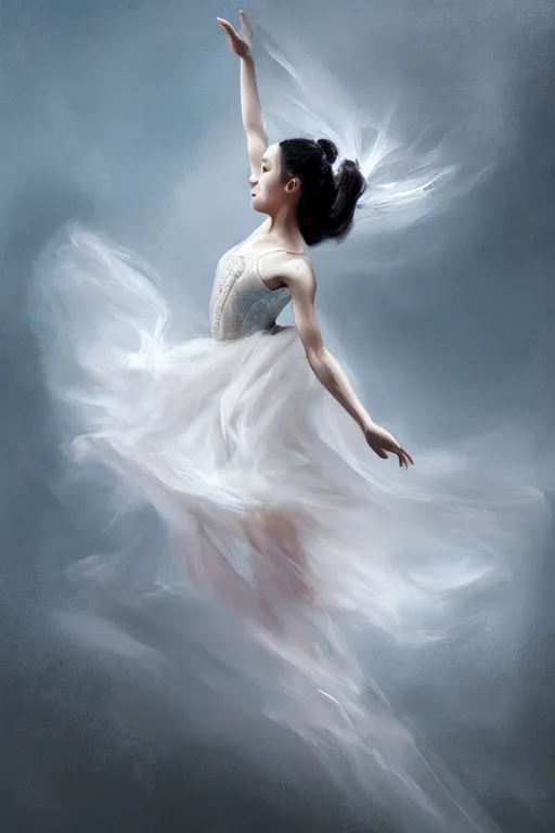 Prompt: prima ballerina dancing in the wind, asian beautiful face, ethereal, bride, beautiful wedding dress, gorgeous, volumetric lighting, elegant, fluid, very highly detailed, digital painting, concept art, illustration, limited color palette, atmosphere and tension, art by greg olsen and liz lemon swindle