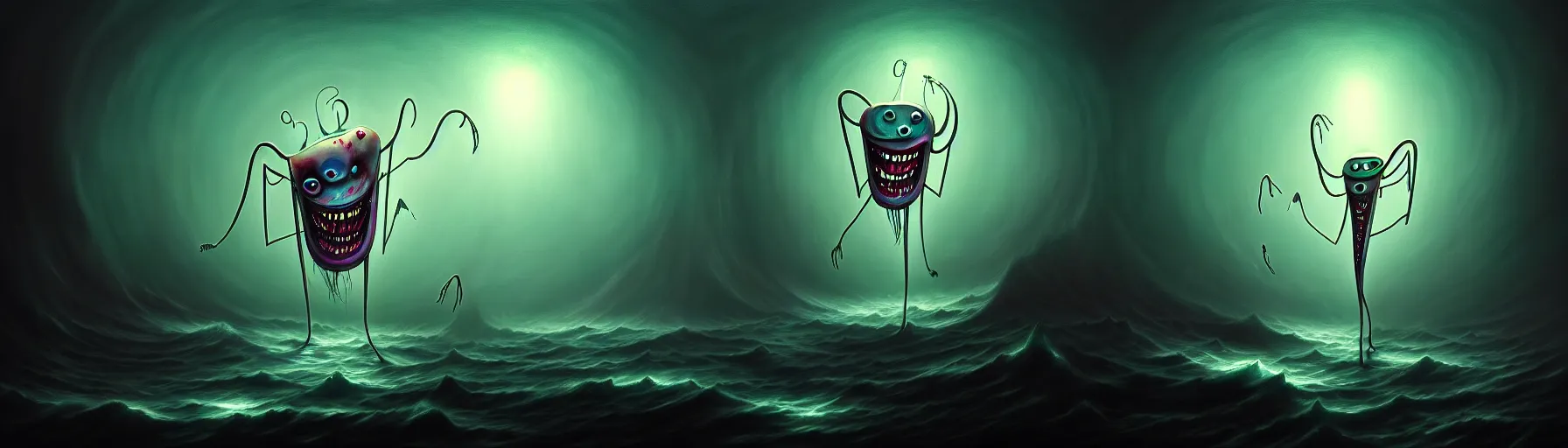 Prompt: strange whimsical demon plankton from the depths of the collective unconscious, dramatic lighting, detailed and atmospheric surreal painting by ronny khalil