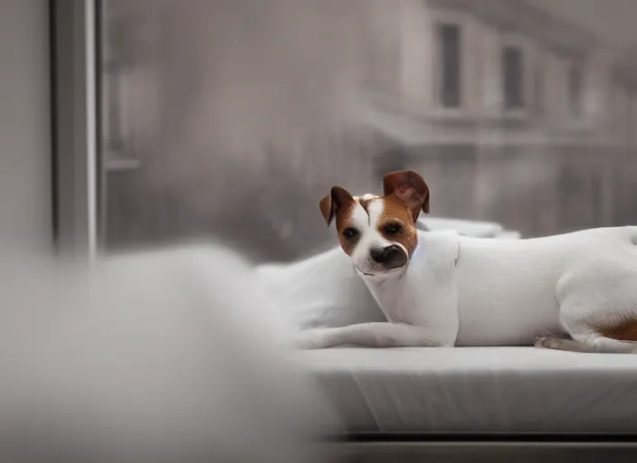 Image similar to photography of a Jack Russel . watching outside the window. on a bed. in a white room. octane render,volumetric light, volumetric fog, photorealistic,, award winning photo, 100mm, sharp, cloth, high res