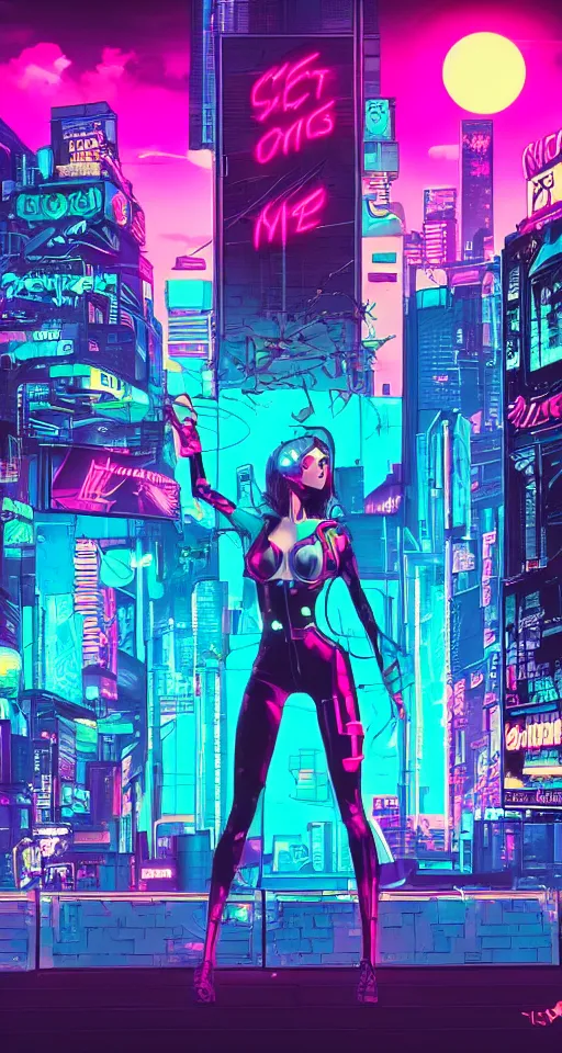 Image similar to comics, cyberpunk women, city, neon lights, glow, retrowave style, sunset,