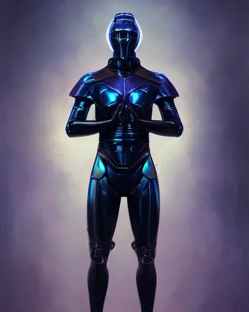 Prompt: character concept of iridescent sinewy smooth muscular male sleek glossy indigo black pearlescent scifi armor with smooth black faceless featureless helmet, by greg rutkowski, mark brookes, jim burns, tom bagshaw, magali villeneuve, trending on artstation