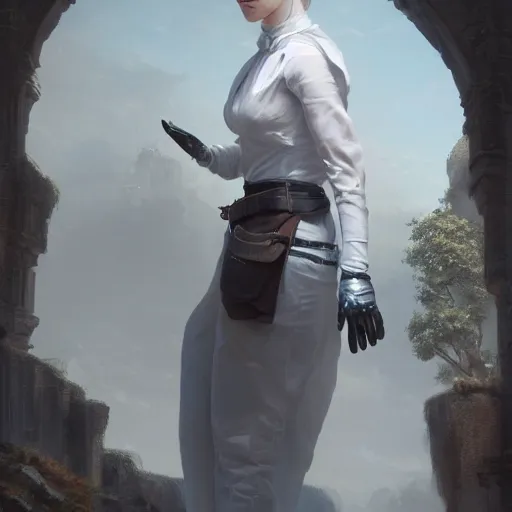 Prompt: a woman wearing a whiteblouse with a lether vest and some gloves, Matte painting , detailed painting, greg rutkowski