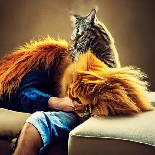 Image similar to ”huge orange maine coon cat biting the nose of a red bearded viking resting on a couch, [cinematic, photorealistic, dslr, portrait, photography, annie leibowitz]”