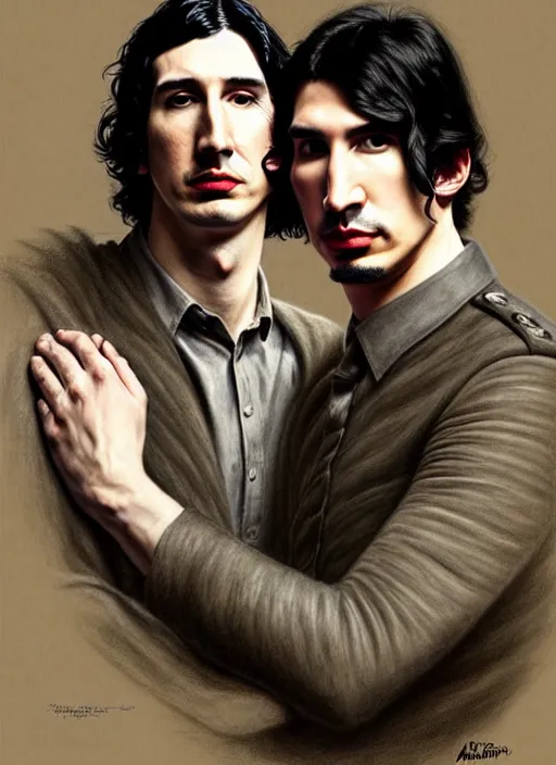 Image similar to painting of both john oliver and adam driver together, john oliver, adam driver, stoic, full body, military uniform, fantasy, intricate, elegant, beautiful, highly detailed, charcoal, centered, dark, smokey, digital painting, concept art, smooth, sharp focus, illustration, art by artgerm, art by greg rutkowski, art by alphonse mucha