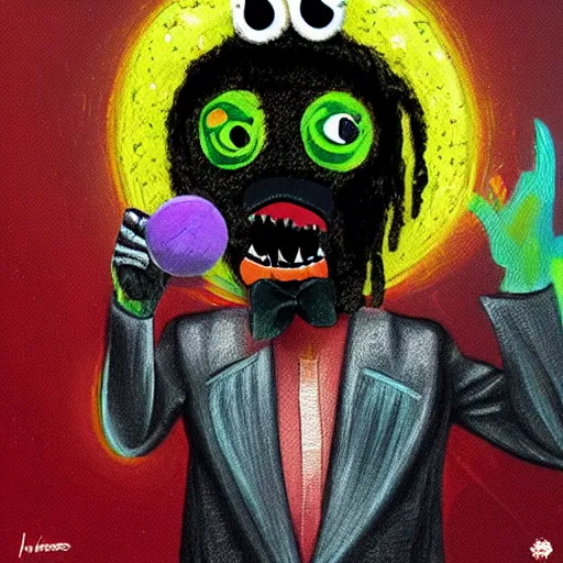 Image similar to snoop dogg tennis ball monster ,tennis ball, digital art, smoke, fantasy,chalk, magic, trending on artstation, ultra detailed, professional illustration by Basil Gogos