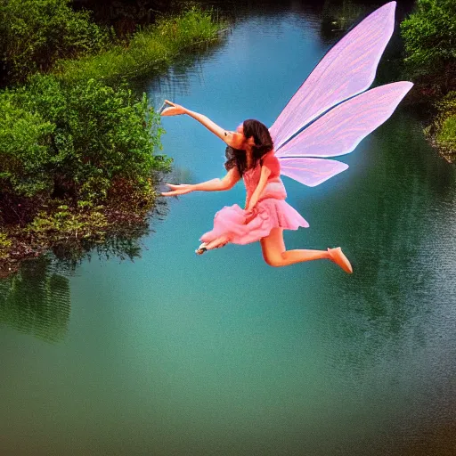 Image similar to flying fairy with wings timidly tipping toe into the center of a lake