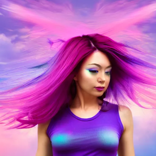 Image similar to a award winning half body shot of a beautiful woman in a croptop with a ombre purple pink teal hairstyle with head in motion and hair flying, outrun, vaporware, vivid colors, highly detailed, fine detail, intricate