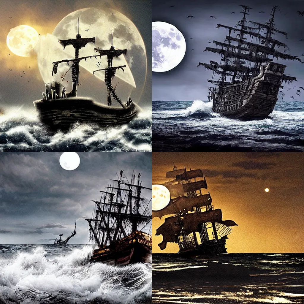 Prompt: zombie pirate ship, full moon, rough seas, photo
