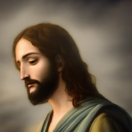 Prompt: Jesus the Son of God, asymmetrical face, ethereal volumetric light, sharp focus