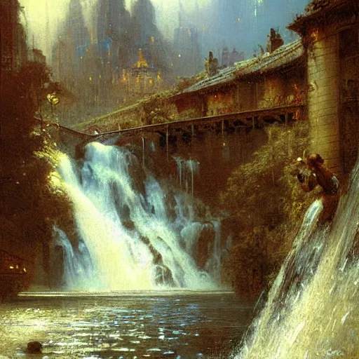 Image similar to waterfall flooding an entire city. victorian age. highly detailed painting by gaston bussiere, craig mullins, j. c. leyendecker