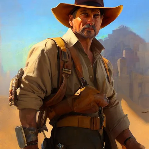 Image similar to greg manchess portrait painting of partially armored indiana jones as overwatch character, medium shot, asymmetrical, profile picture, organic painting, sunny day, matte painting, bold shapes, hard edges, street art, trending on artstation, by huang guangjian, gil elvgren, ruan jia, randy vargas, greg rutkowski