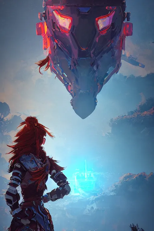 Image similar to combination suit armor aloy horizon forbidden west horizon zero dawn radiating a glowing aura global illumination ray tracing hdr fanart arstation by ian pesty and alena aenami artworks in 4 k tribal robot ninja mask helmet backpack