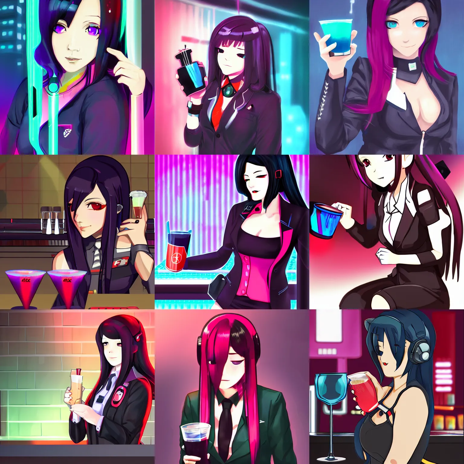 Prompt: Jill Stingray, VA-11 Hall-A, digital painting, cyberpunk, bartending, dark hair, suit, mixing drinks