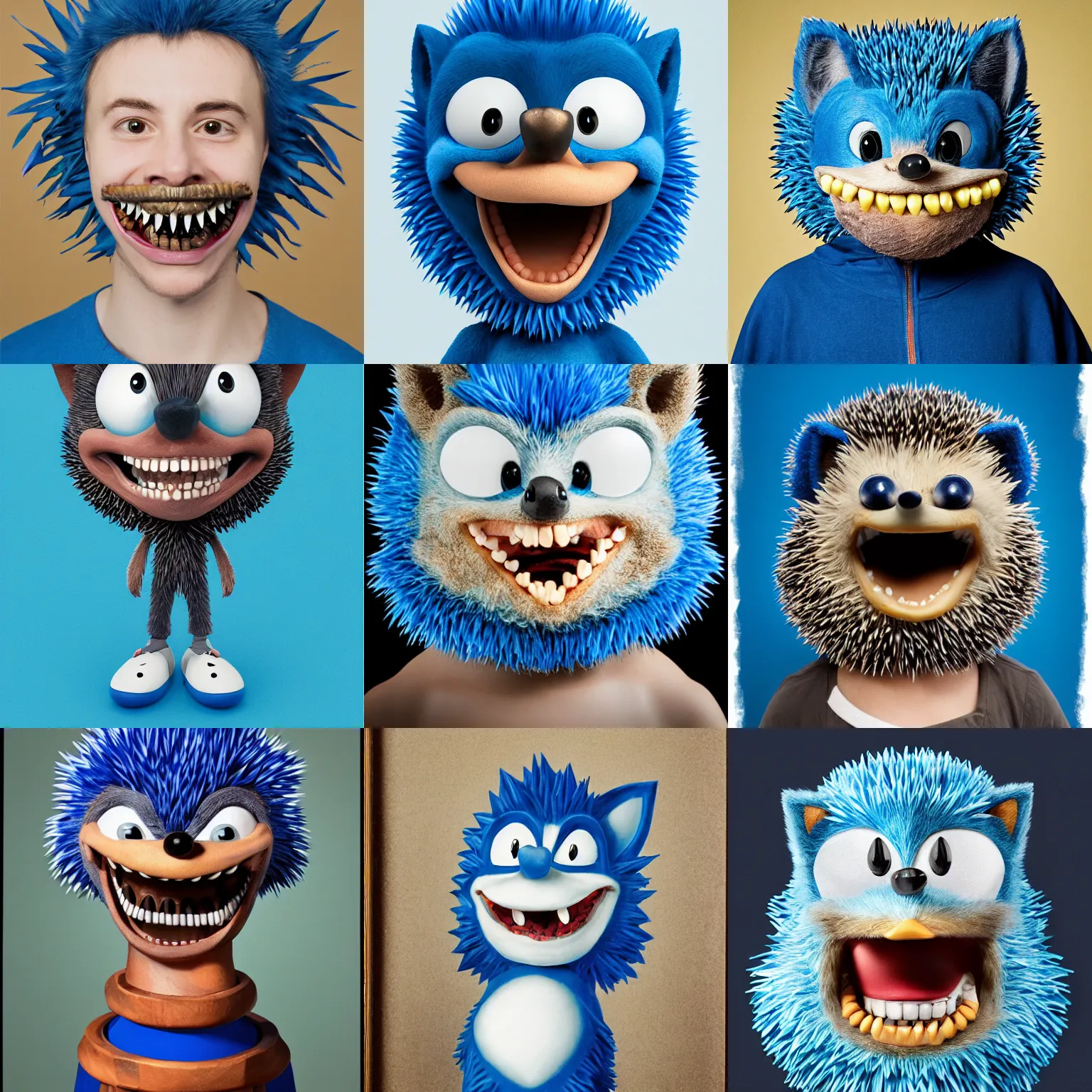 Image similar to anthropomorphic blue hedgehog with human teeth, studio portrait