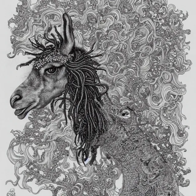 Image similar to llama with dreadlocks, otomo katsuhiro, ernst haeckel, james jean