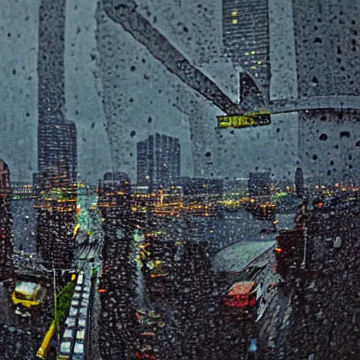 Image similar to A cityscape view using a fish-eyed lens from the Heavy Metal movie. Rainy day. Dusk.