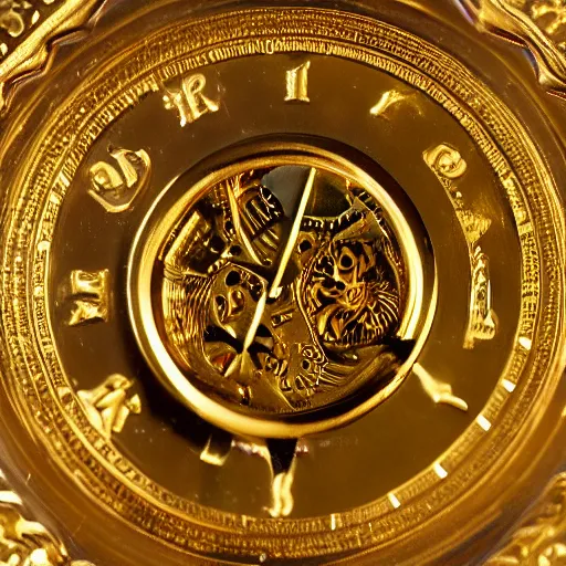 Image similar to a gold coin with a clock face printed on it, complex, high detail, close up