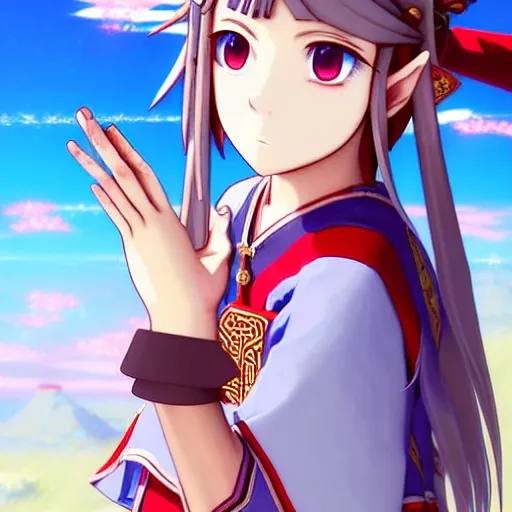 Image similar to a beautiful! young feminine link from botw, wearing japanese catholic school girl outfit with mayan pattern and native style, aztec street fashion, guilty gear art direction, perfect anime face, gapmoe yandere grimdark, trending on pixiv fanbox, painted by greg rutkowski makoto shinkai takashi takeuchi studio ghibli, akihiko yoshida