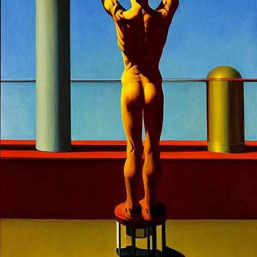 Image similar to biomechanical human raising his hands into the sky of the machine by edward hopper