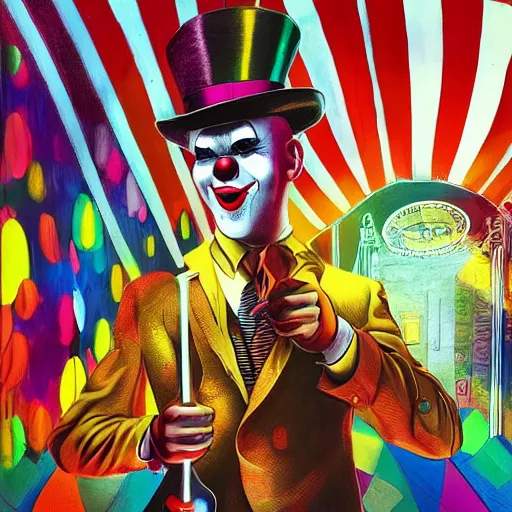 Prompt: portrait of agent 4 7 as a clown, colorful, circus background, cinematic, dramatic light, high detail, inside a messy room, masterpiece, art by jisu choe