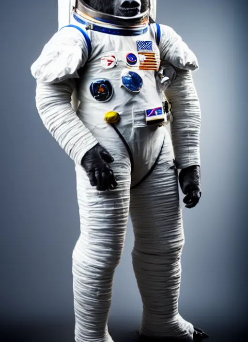 Image similar to studio photo still of a full body gorilla in a space suit, 8 k, studio lighting, key light from right side,