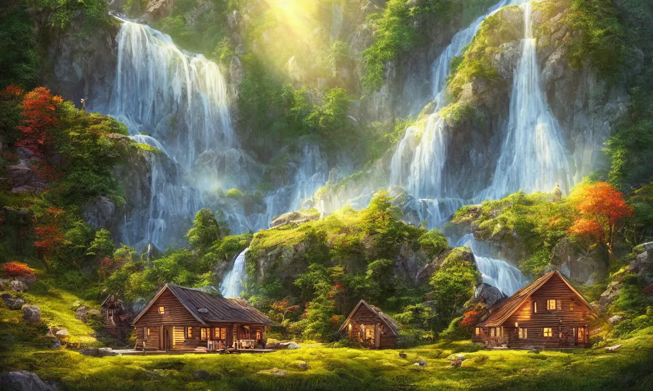 Image similar to scandinavian house in the forest on a hill, pixar, a waterfall flows down from the mountain in the background, vector art, fabulous, global illumination, warm lighting, by jordan grimmer