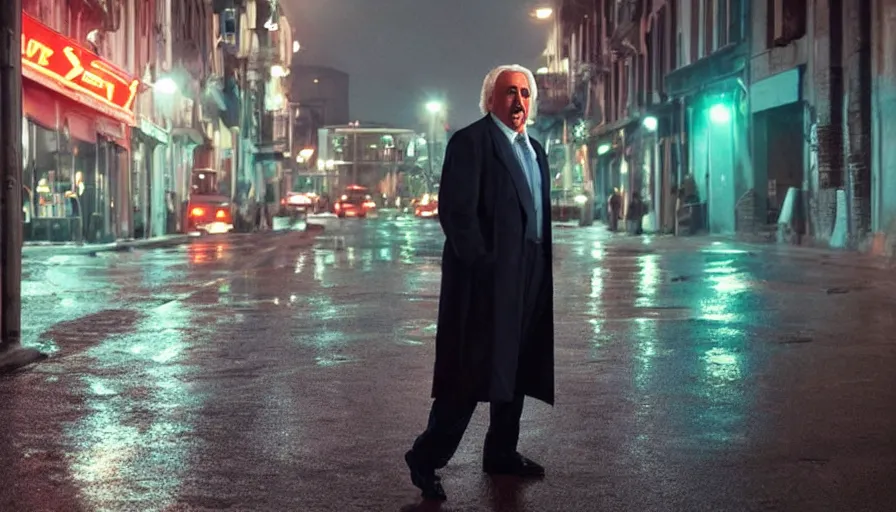 Image similar to hyper-realistic 2010s movie still of Giovanni Falcone in a street a night, by Paolo Sorrentino, Cinestill 800t 35mm, beautiful color, high quality, neon billboards and streetlight, rain, lens flare