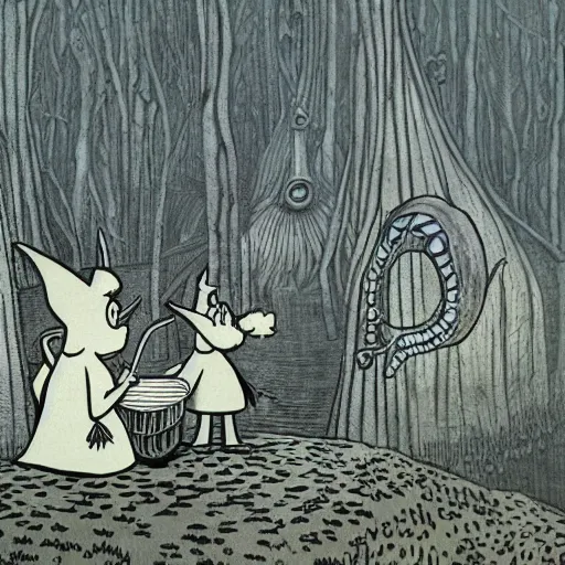 Image similar to the moomins in moominvalley, hr giger artwork, very detailed!, high quality, 4 k