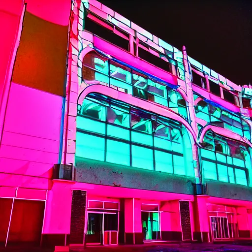 Image similar to high contrast photo of abandoned mall with bright pink and turquoise neon lights, wide angle lens