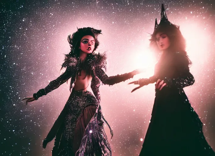 Image similar to closeup of a very good looking fantasy sorceress wearing amazing detailed clothes using her hands to create magical energy dramatically on an empty moonlit hill, dramatic lighting, lens flare, 3 5 mm f 1. 4, professional photography, kodak ektar