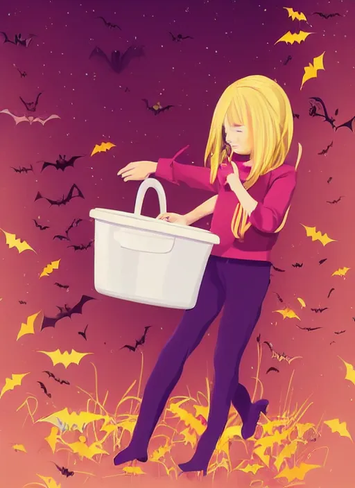 Prompt: three year old girl with long blonde hair in a halloween scene. she is carrying a candy bucket. clean cel shaded vector art. shutterstock. behance hd by lois van baarle, artgerm, helen huang, by makoto shinkai and ilya kuvshinov, rossdraws, illustration, art by ilya kuvshinov