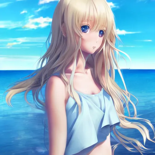 Prompt: a very beautiful anime cute girl, full body, long wavy blond hair, sky blue eyes, full round face, short smile, fancy top, miniskirt, summer lake setting, medium shot, mid-shot, highly detailed, cinematic wallpaper by Stanley Artgerm Lau