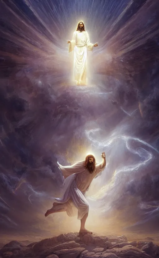 Image similar to jesus looking into a portal hopping and time warping with reckless abandon, surrounded by thousands of angels, masterpiece digital painting by Greg Rutkowski, Alex Grey, artstation, 4k wallpaper