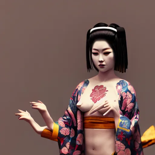 Prompt: an android geisha in a lotus position wearing a flowing kimono and tattoos, octane render, unreal engine, 8 k, cinematic, artwork by ilya kuvshinov