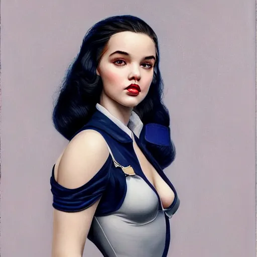 Prompt: tom bagshaw portrait, beautiful femme fatale mix of dove cameron madison beer bella poarch in a full navy marine suit, 1 9 5 0 pinup look, professionally retouched, focus eyes, ultra realistic soft painting, insanely detailed linework, symmetrical accurate intricate features, behance, 8 k