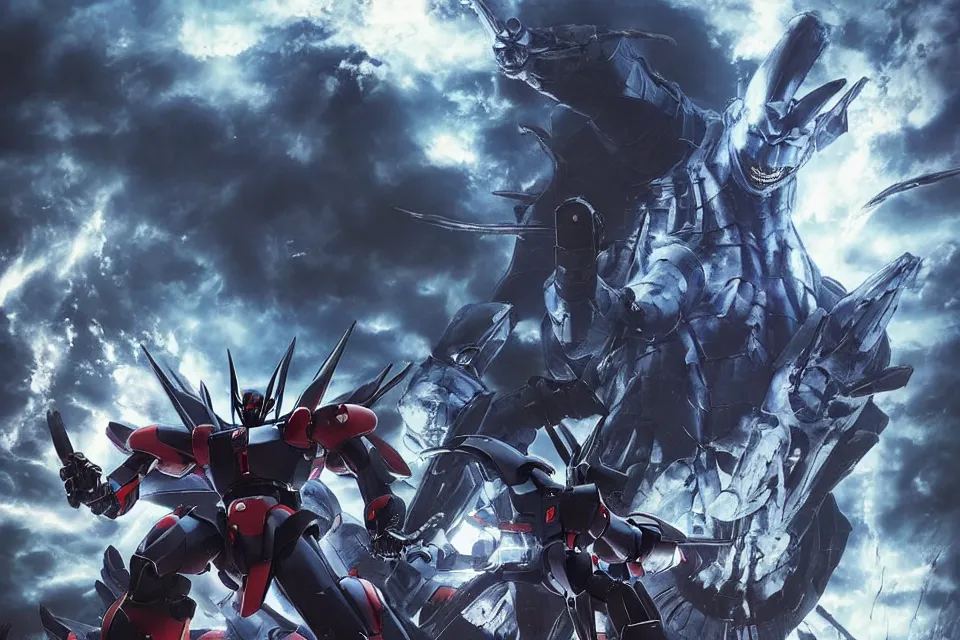 Prompt: Mazinger Z Versus Mecha- Godzilla Versus Dark Guyver Versus Ghost In The Shell Yusuke Murata Yasushi Nirasawa Style, beautiful aesthetic, photorealistic, volumetric lighting, hyperrealistic, octane render, HDR, Production IG Studios Anime Style