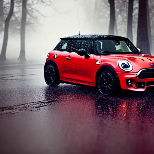 Image similar to parked red Mini Cooper S, fog, rain, volumetric lighting, beautiful, golden hour, sharp focus, highly detailed, cgsociety, widescreen