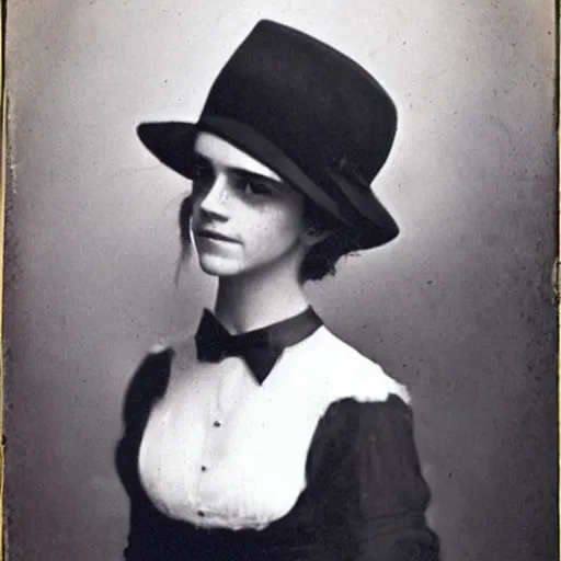 Prompt: emma watson early 20th century ganster with bowler hat Daguerreotype photography by Louis Daguerre